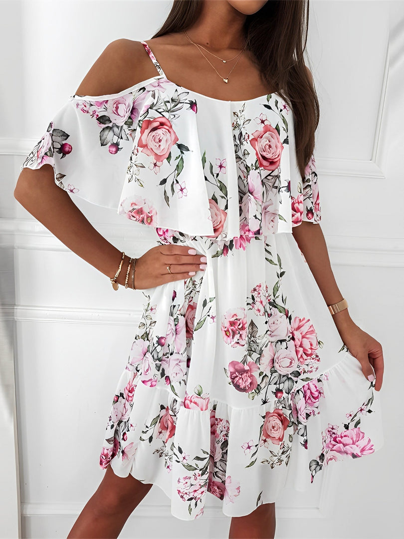 Women's Floral Mini Dress Cold Shoulder Ruffle Trim Flowy Style