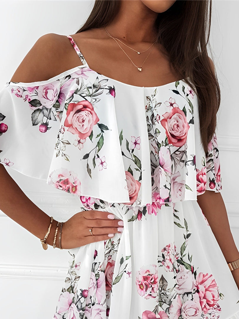 Women's White Floral Mini Dress Off Shoulder Ruffle Sleeve