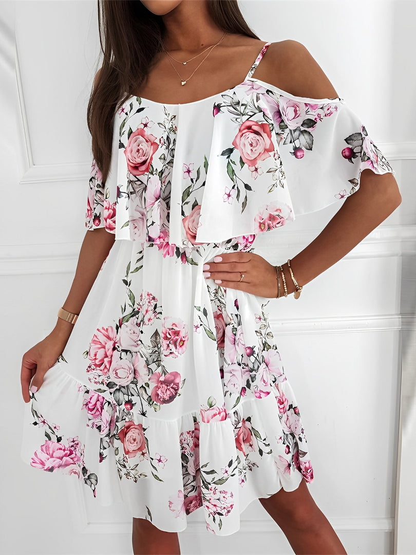 Women's White Floral Mini Dress Off Shoulder Ruffle Sleeve