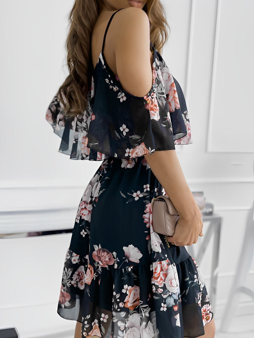 Women's Floral Mini Dress Cold Shoulder Ruffle Trim Flowy Style