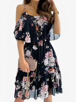 Load image into Gallery viewer, Women's Floral Mini Dress Cold Shoulder Ruffle Trim Flowy Style
