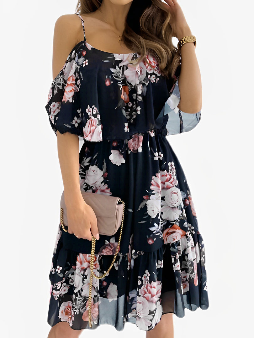 Women's Floral Mini Dress Cold Shoulder Ruffle Trim Flowy Style