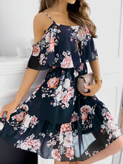 Women's Floral Mini Dress Cold Shoulder Ruffle Trim Flowy Style