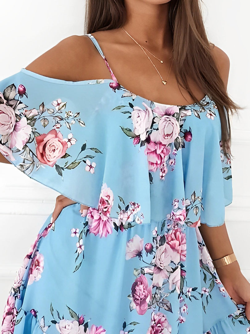 Women's Floral Mini Dress Cold Shoulder Ruffle Trim Flowy Style