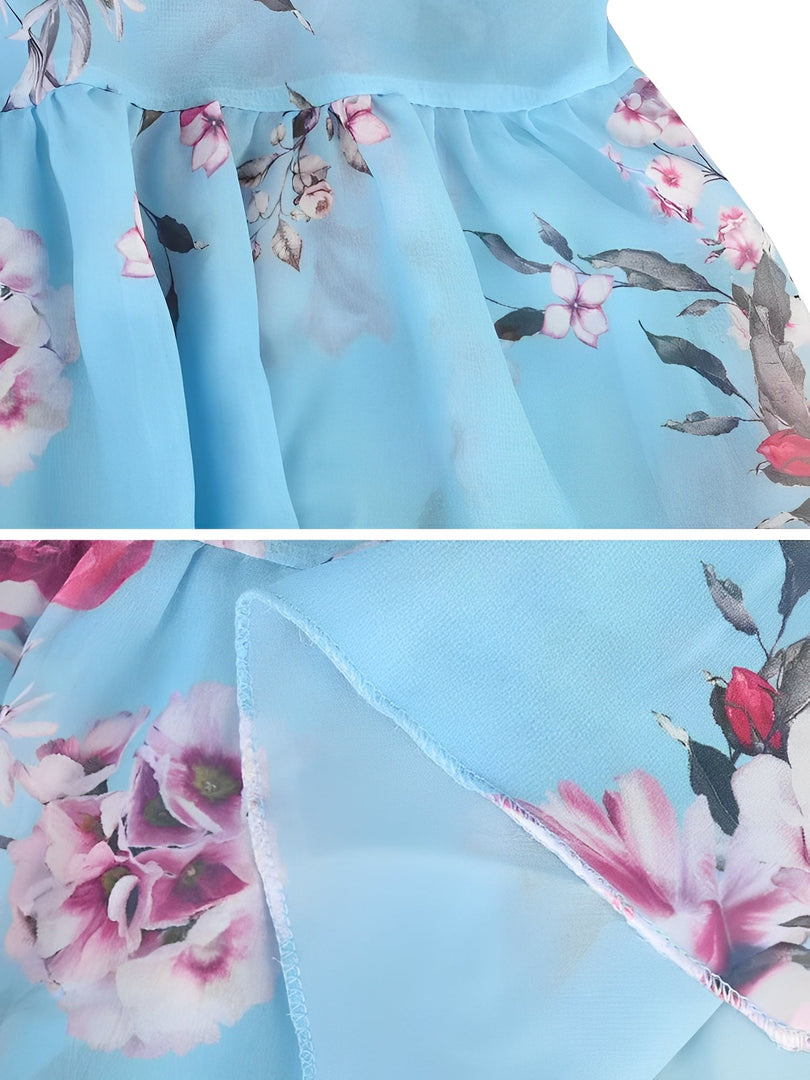 Women's Floral Mini Dress Cold Shoulder Ruffle Trim Flowy Style