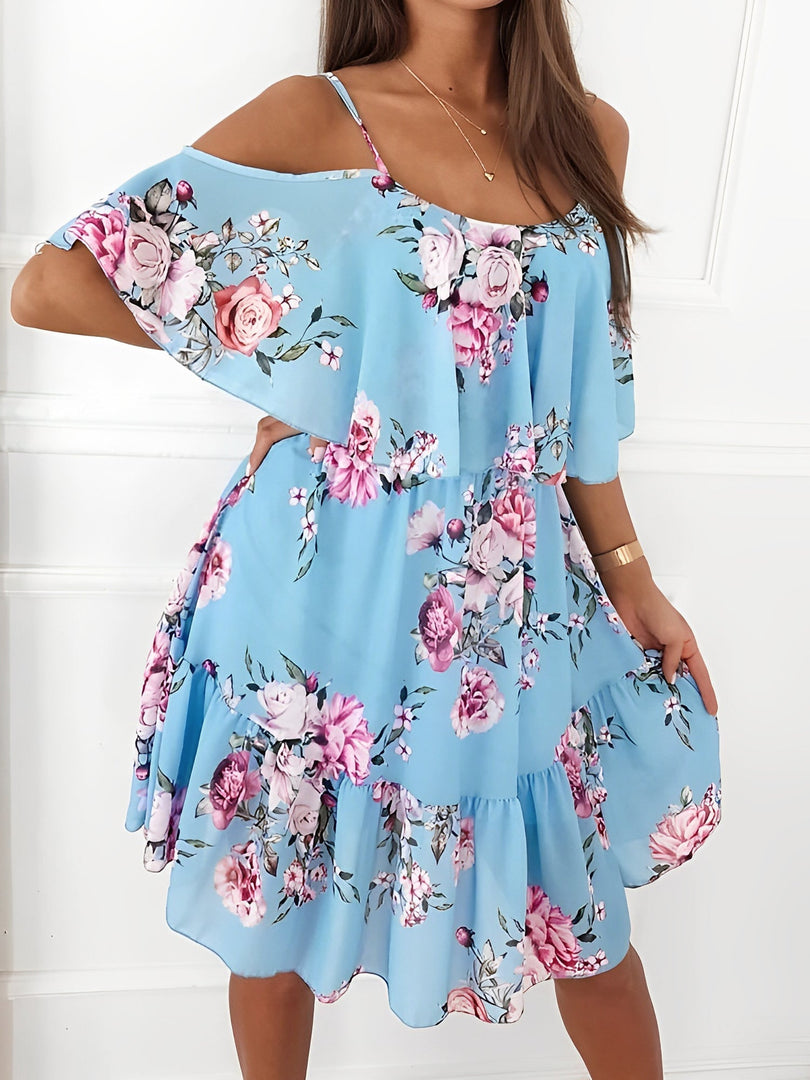 Women's Floral Mini Dress Cold Shoulder Ruffle Trim Flowy Style