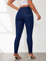 Load image into Gallery viewer, Effortless Dark Blue Relaxed Skinny Jeans for Women with High Waist Slim Fit Contrast Stitch
