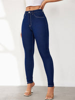 Load image into Gallery viewer, Effortless Dark Blue Relaxed Skinny Jeans for Women with High Waist Slim Fit Contrast Stitch
