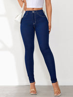 Load image into Gallery viewer, Effortless Dark Blue Relaxed Skinny Jeans for Women with High Waist Slim Fit Contrast Stitch

