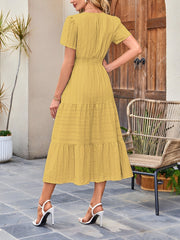 Women's Yellow Maxi Dress Notch Neck Elastic Waist Short Sleeve