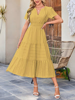 Load image into Gallery viewer, Women's Yellow Maxi Dress Notch Neck Elastic Waist Short Sleeve
