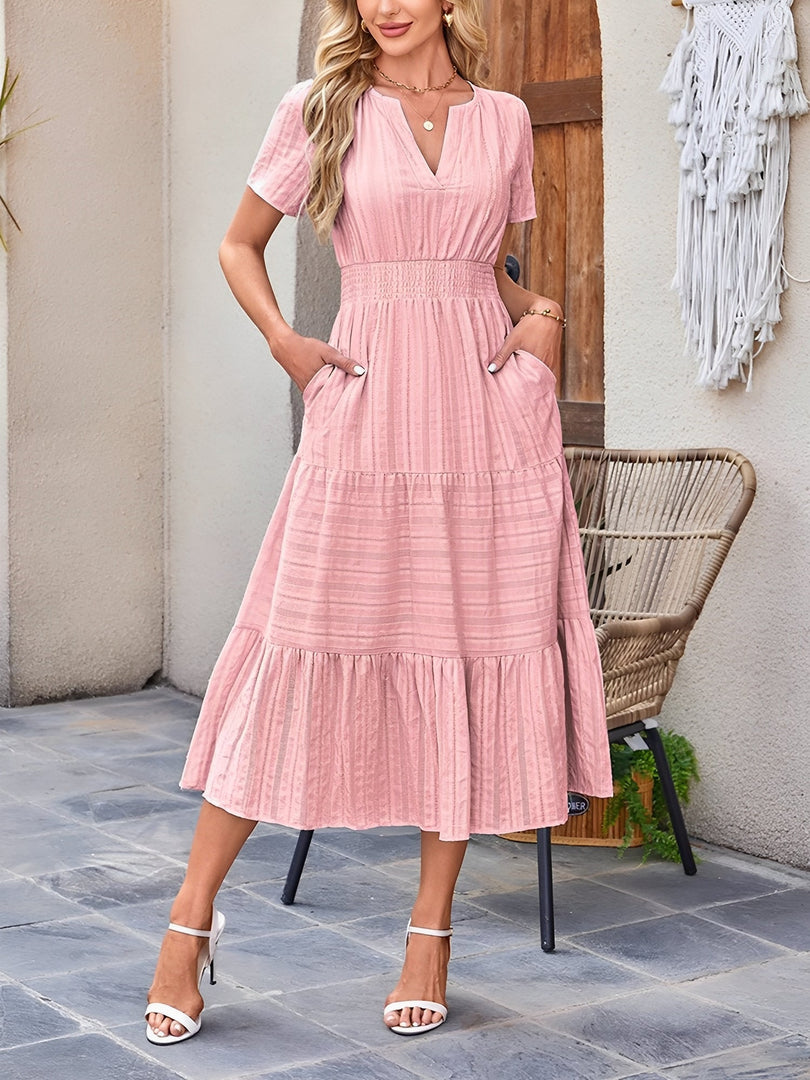 Women's Pink Dress V Neck Short Sleeve Tiered Midi Style