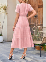 Load image into Gallery viewer, Women's Pink Dress V Neck Short Sleeve Tiered Midi Style
