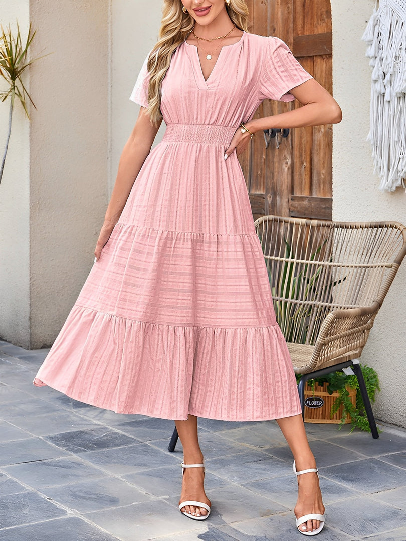 Women's Pink Dress V Neck Short Sleeve Tiered Midi Style