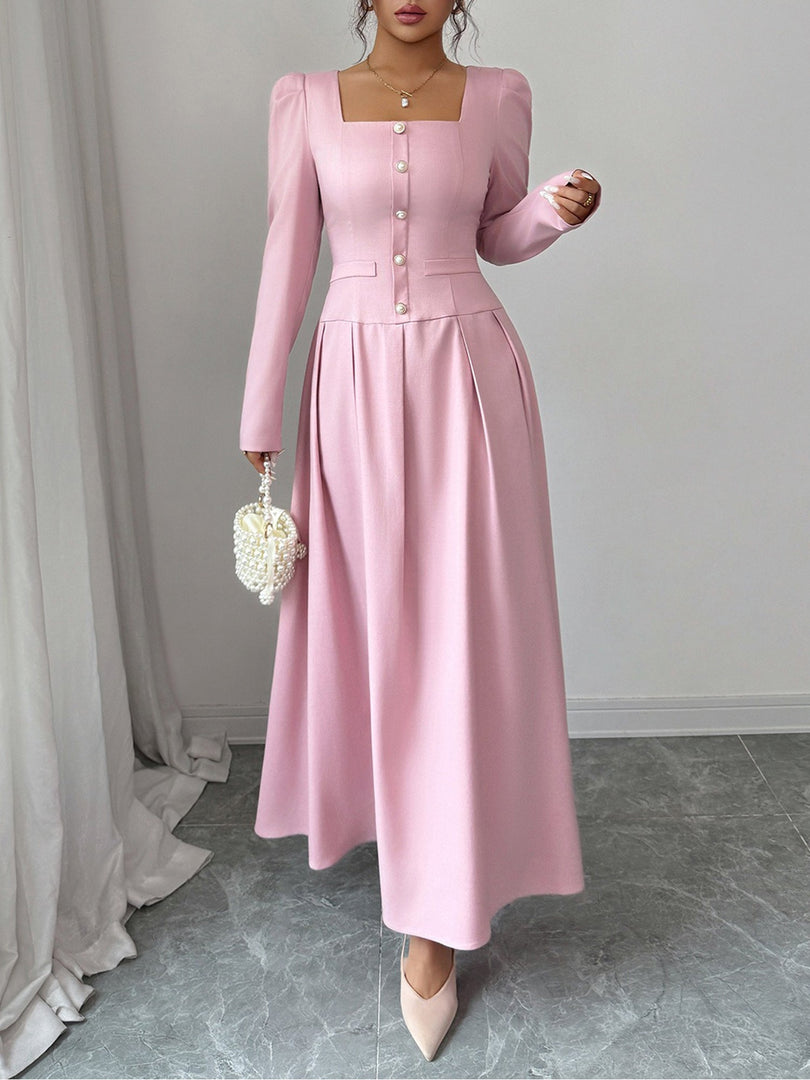 Women's Mother of the Bride Pink Maxi Dress Square Neck Pleated Skirt