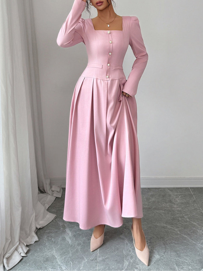 Women's Mother of the Bride Pink Maxi Dress Square Neck Pleated Skirt