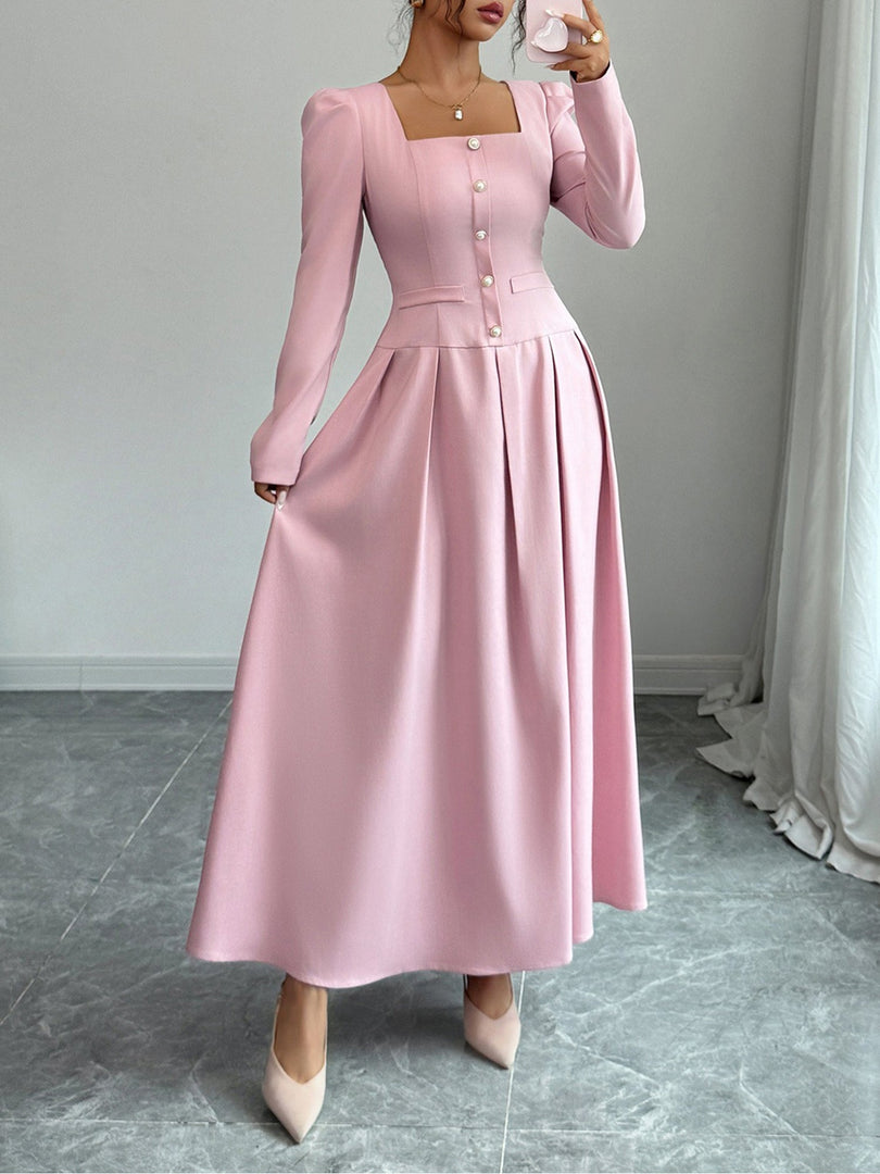 Women's Mother of the Bride Pink Maxi Dress Square Neck Pleated Skirt