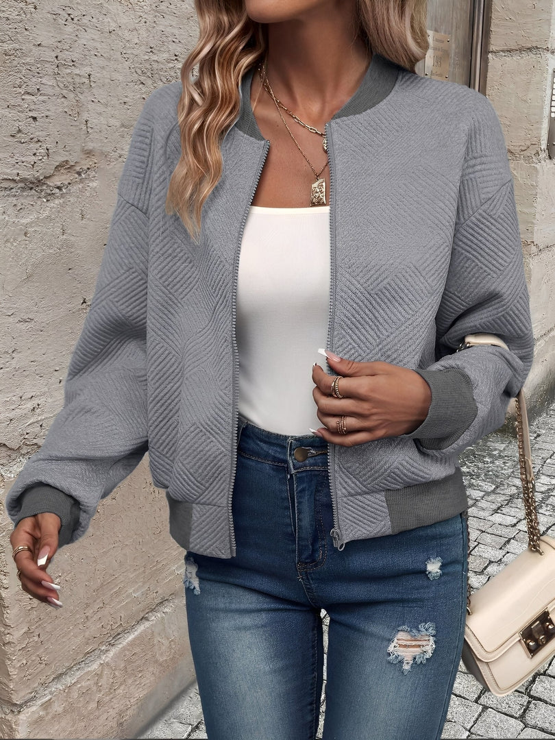 Women's Bomber Jacket Zip Front Waffle Knit Ribbed Trim Style