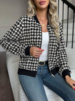 Load image into Gallery viewer, Women's Black Bomber Jacket Zip Front Houndstooth Ribbed Trim Style
