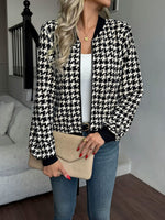 Load image into Gallery viewer, Women's Black Bomber Jacket Zip Front Houndstooth Ribbed Trim Style
