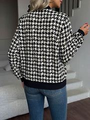 Women's Black Bomber Jacket Zip Front Houndstooth Ribbed Trim Style