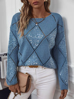 Load image into Gallery viewer, Women's Sequin Knit Sweater Crew Neck Diamond Pattern Sparkle Style
