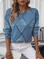 Load image into Gallery viewer, Women's Sequin Knit Sweater Crew Neck Diamond Pattern Sparkle Style
