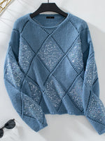 Load image into Gallery viewer, Women's Sequin Knit Sweater Crew Neck Diamond Pattern Sparkle Style
