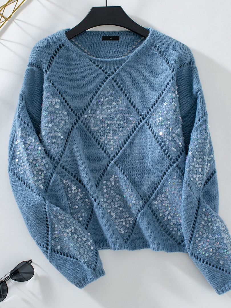 Women's Sequin Knit Sweater Crew Neck Diamond Pattern Sparkle Style