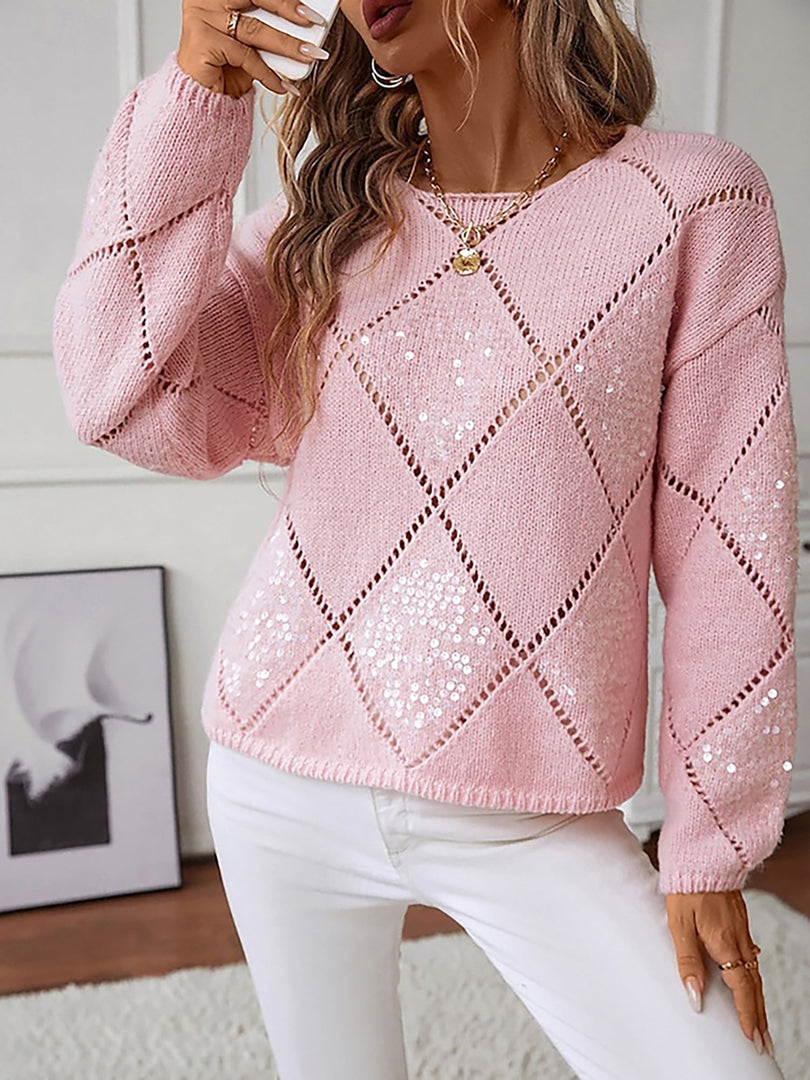 Women's Sequin Knit Sweater Crew Neck Diamond Pattern Sparkle Style
