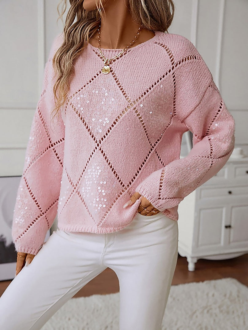 Women's Sequin Knit Sweater Crew Neck Diamond Pattern Sparkle Style