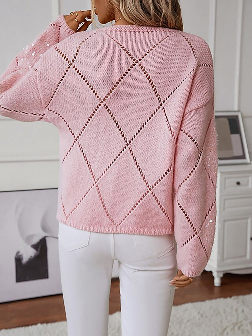 Women's Sequin Knit Sweater Crew Neck Diamond Pattern Sparkle Style