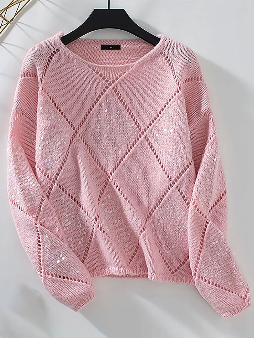 Women's Sequin Knit Sweater Crew Neck Diamond Pattern Sparkle Style