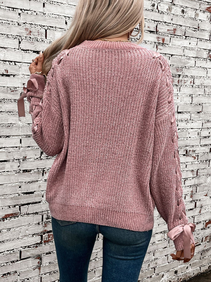 Women's Sweatshirt Lace Trim Sleeve Crewneck Waffle Knit Style