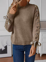 Load image into Gallery viewer, Women's Sweatshirt Lace Trim Sleeve Crewneck Waffle Knit Style
