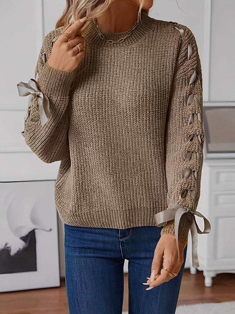 Women's Sweatshirt Lace Trim Sleeve Crewneck Waffle Knit Style