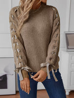 Load image into Gallery viewer, Women's Sweatshirt Lace Trim Sleeve Crewneck Waffle Knit Style
