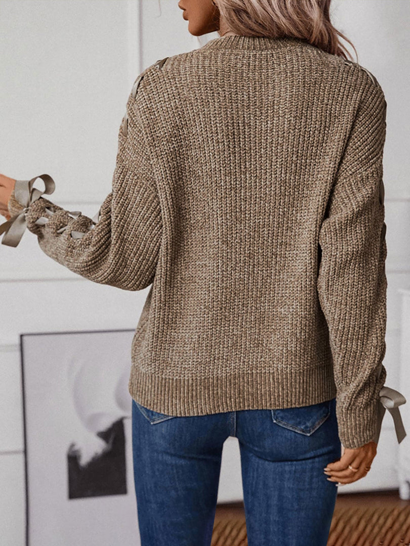 Women's Sweatshirt Lace Trim Sleeve Crewneck Waffle Knit Style