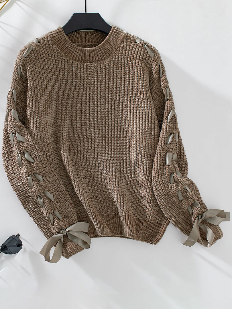 Women's Sweatshirt Lace Trim Sleeve Crewneck Waffle Knit Style