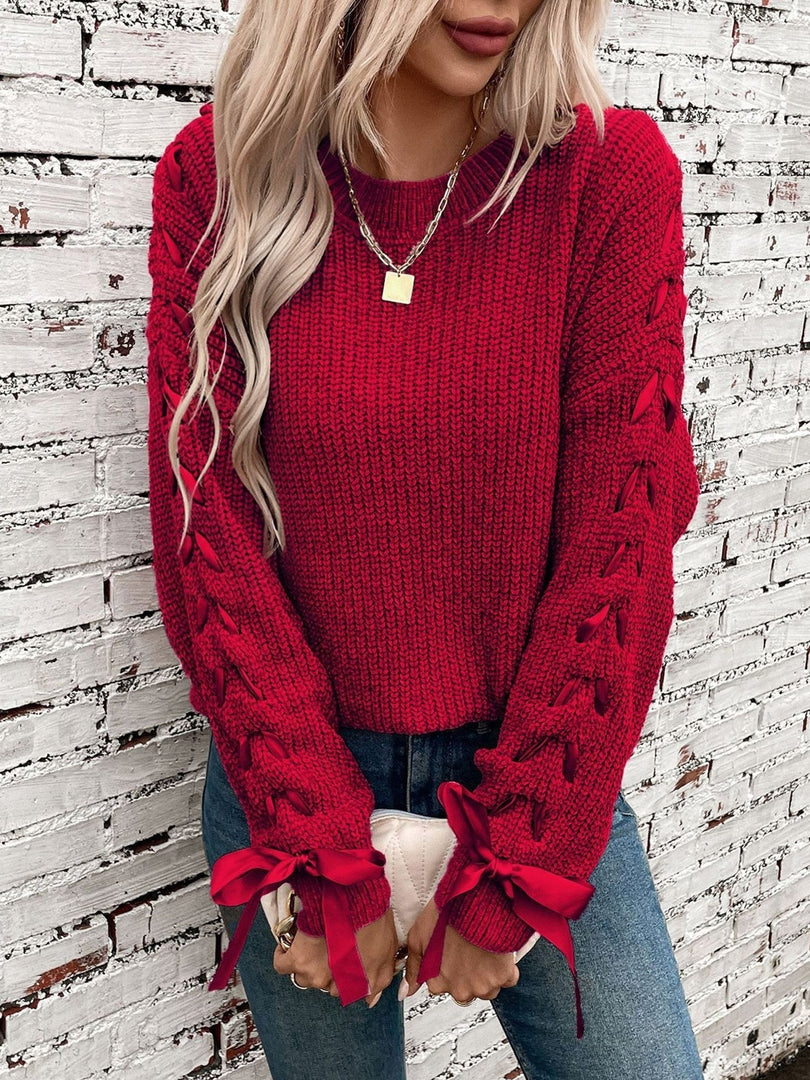 Women's Sweatshirt Lace Trim Sleeve Crewneck Waffle Knit Style