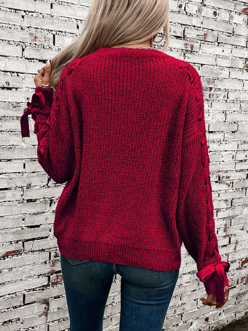 Women's Sweatshirt Lace Trim Sleeve Crewneck Waffle Knit Style