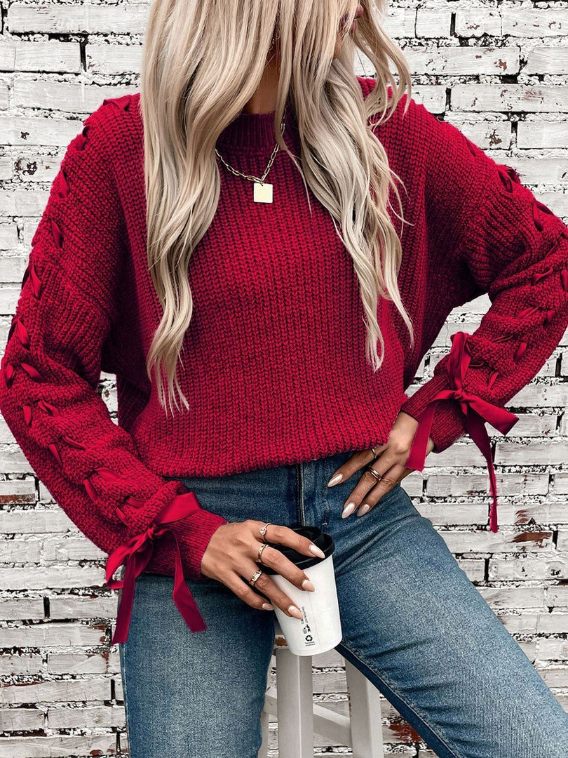 Women's Sweatshirt Lace Trim Sleeve Crewneck Waffle Knit Style