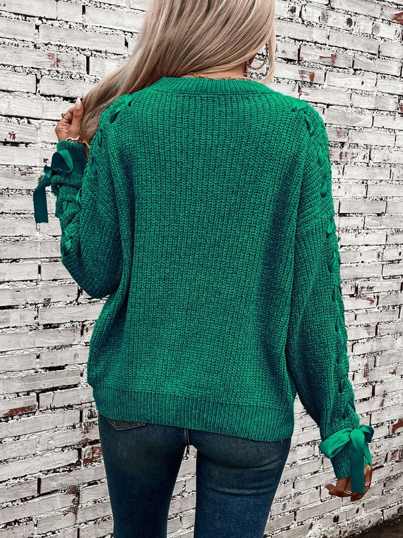 Women's Sweatshirt Lace Trim Sleeve Crewneck Waffle Knit Style
