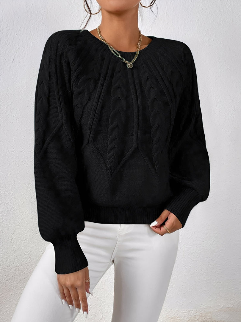 Women's Cable Knit Sweater V Neck Balloon Sleeve Oversized Style