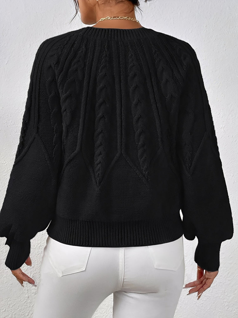 Women's Cable Knit Sweater V Neck Balloon Sleeve Oversized Style