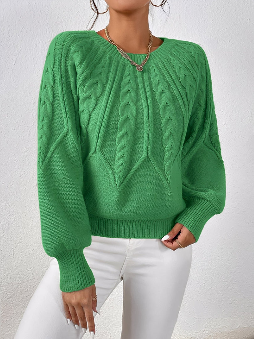 Women's Cable Knit Sweater V Neck Balloon Sleeve Oversized Style