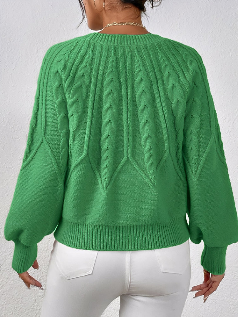 Women's Cable Knit Sweater V Neck Balloon Sleeve Oversized Style