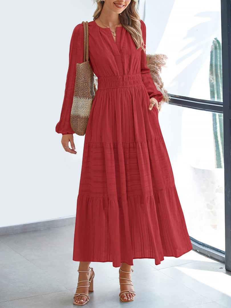 Women's Red Tiered Maxi Dress Smocked Waist Long Sleeve Flowy Style