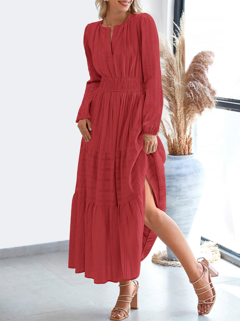 Women's Red Tiered Maxi Dress Smocked Waist Long Sleeve Flowy Style