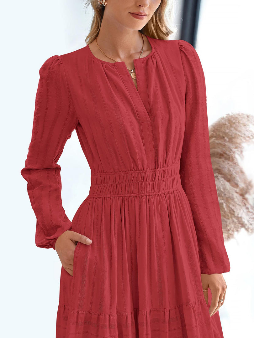 Women's Red Tiered Maxi Dress Smocked Waist Long Sleeve Flowy Style